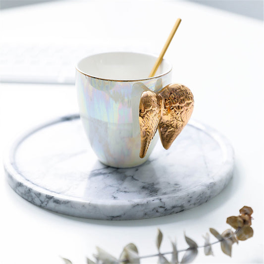 Luxury Ceramic Cup With Angel Wings Handle Gold Plated Creative Cup Coffee Breakfast Milk Drink Tea Mug 1pc