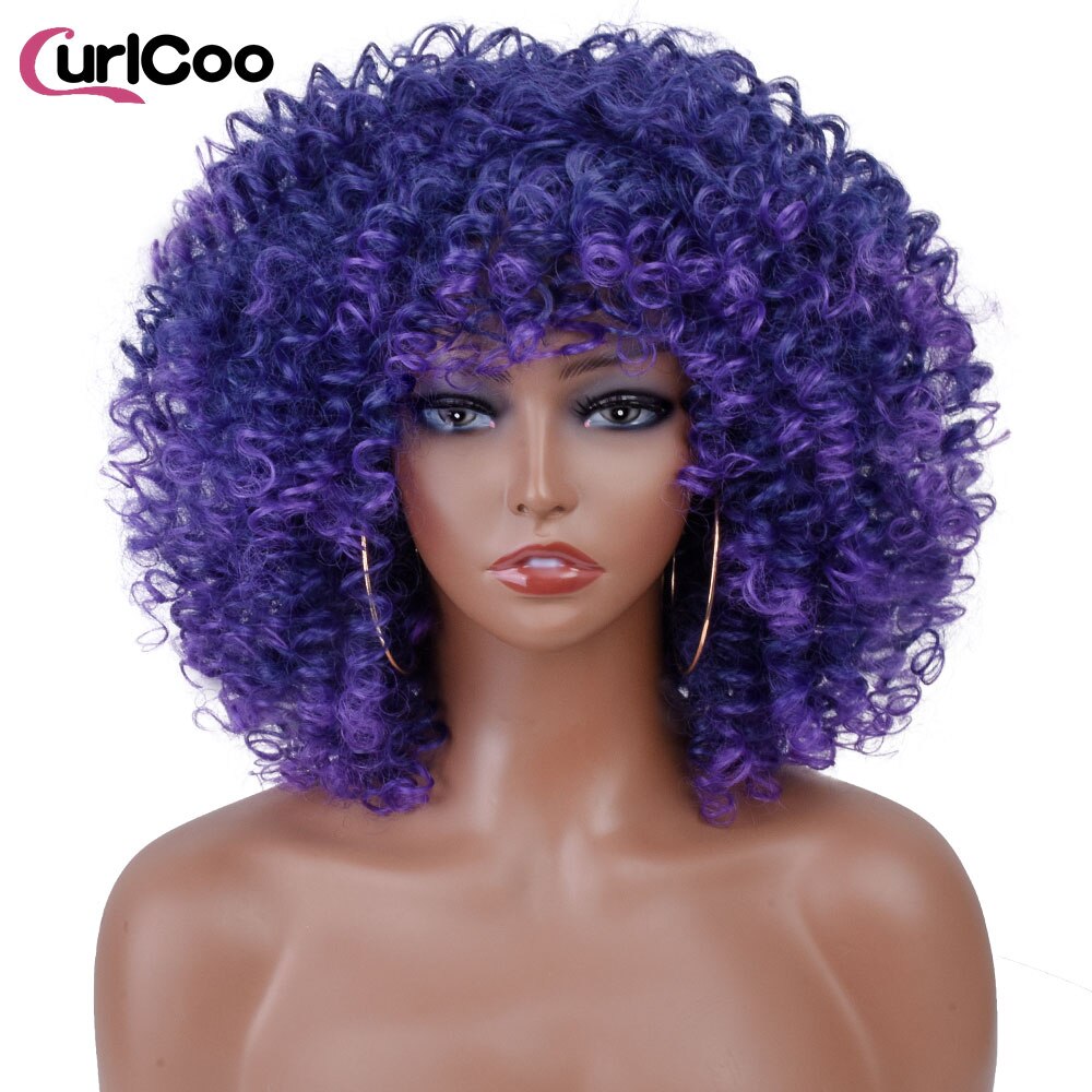 Short Afro Kinky Curly Wigs With Bangs For Women Synthetic Ombre Natural Heat Resistant Hair Brown Cosplay Highlight Wigs