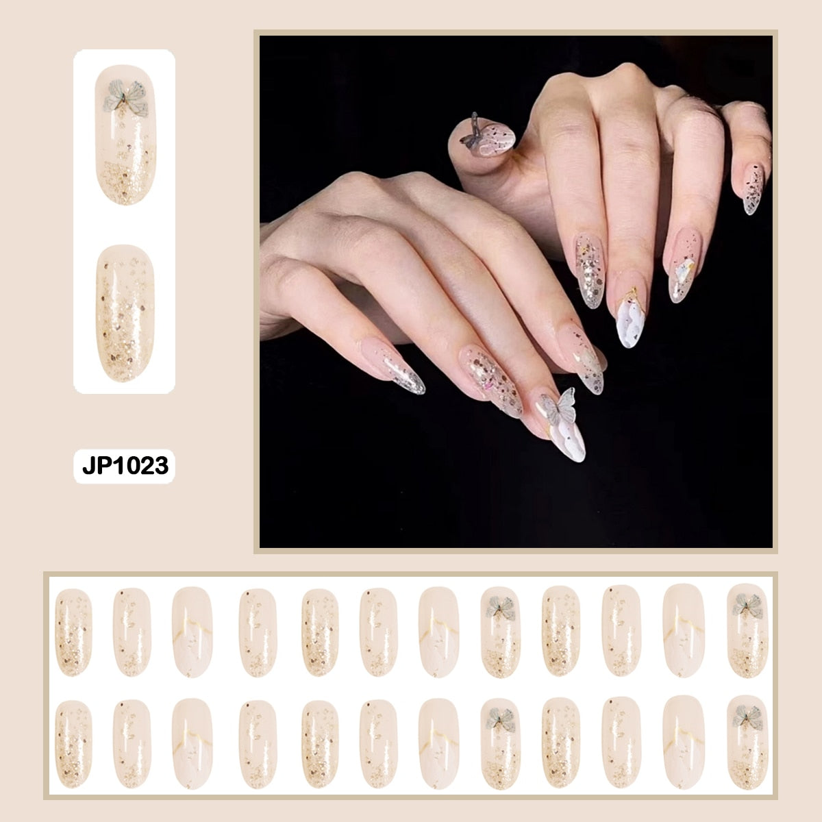 24pcs Stereoscopic Butterfly Light Luxury Elegant Nude Lady Style Removable False Nail Manicure Tool