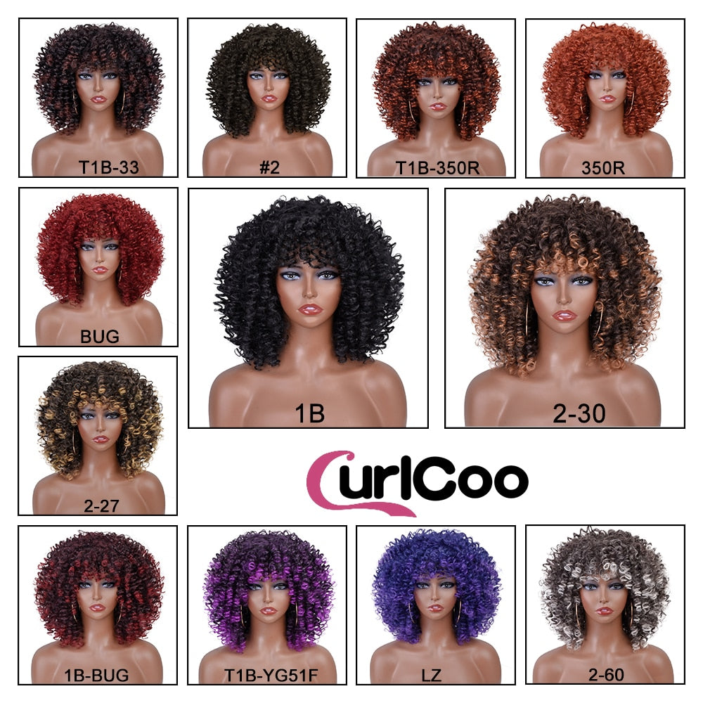 Short Afro Kinky Curly Wigs With Bangs For Women Synthetic Ombre Natural Heat Resistant Hair Brown Cosplay Highlight Wigs