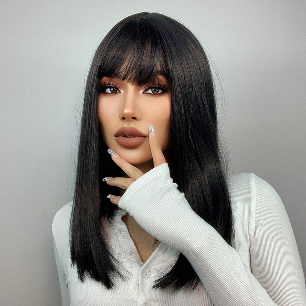 Black Bob Hair Wigs Medium Straight Synthetic Wig with Bangs Cosplay Wig Heat Resistant