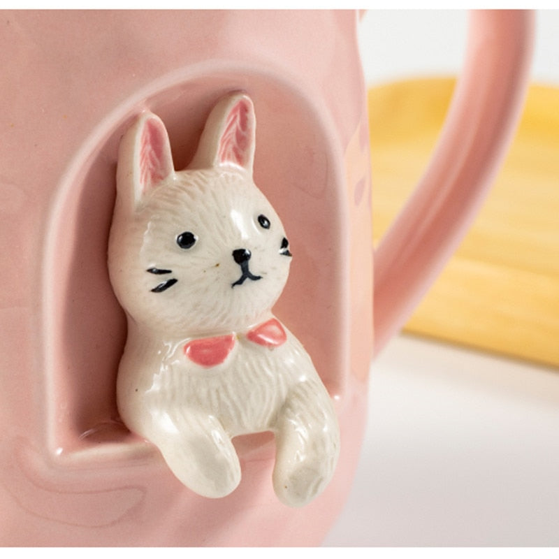 430ml Cute Animals Relief Ceramics Mug With Lid and Spoon Coffee Milk Tea Handle Cup Gifts