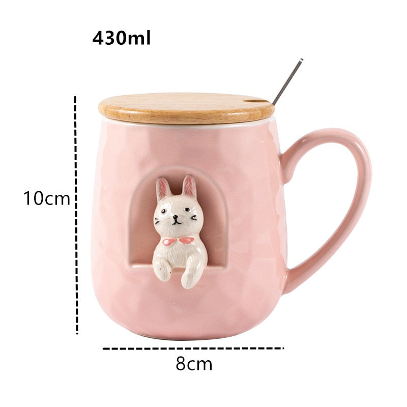 430ml Cute Animals Relief Ceramics Mug With Lid and Spoon Coffee Milk Tea Handle Cup Gifts