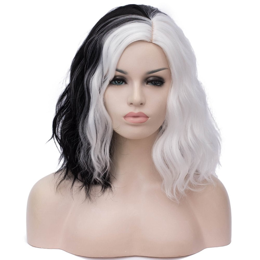 Cruella De Vil Kuila Half Black Half White Short Curly Hair Bangs Bob Cosplay Halloween Costume Synthetic Ladies Wig