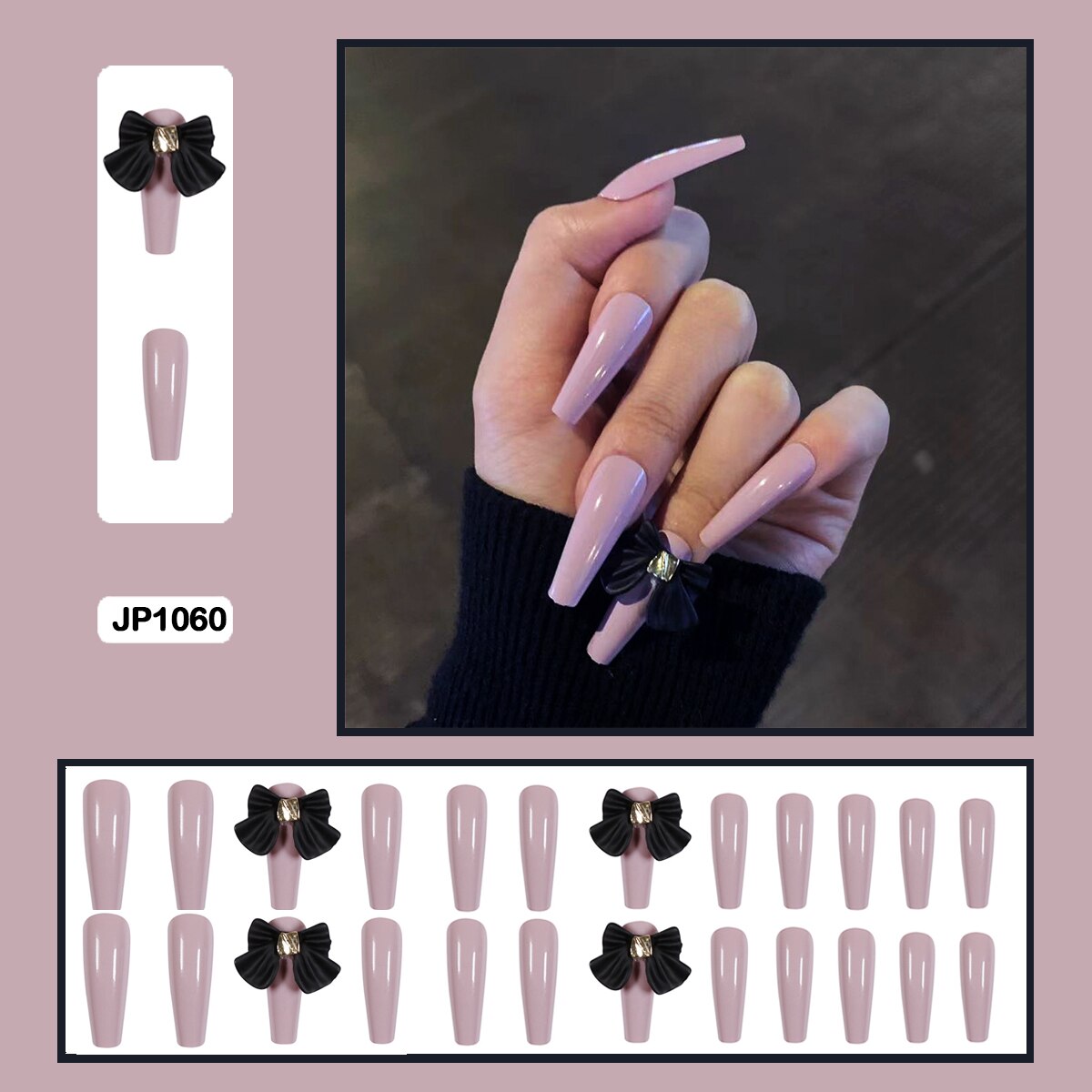 3D bow flowers sweet heart shaped long trapezoidal wearable nail fake nails