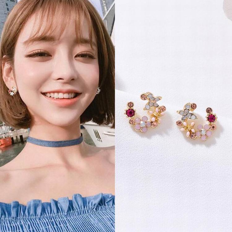 Korean New Colorful Rhinestone Wreath Stud Earrings For Women Sweet Flower Shell Small Cirlce Brincos Gift