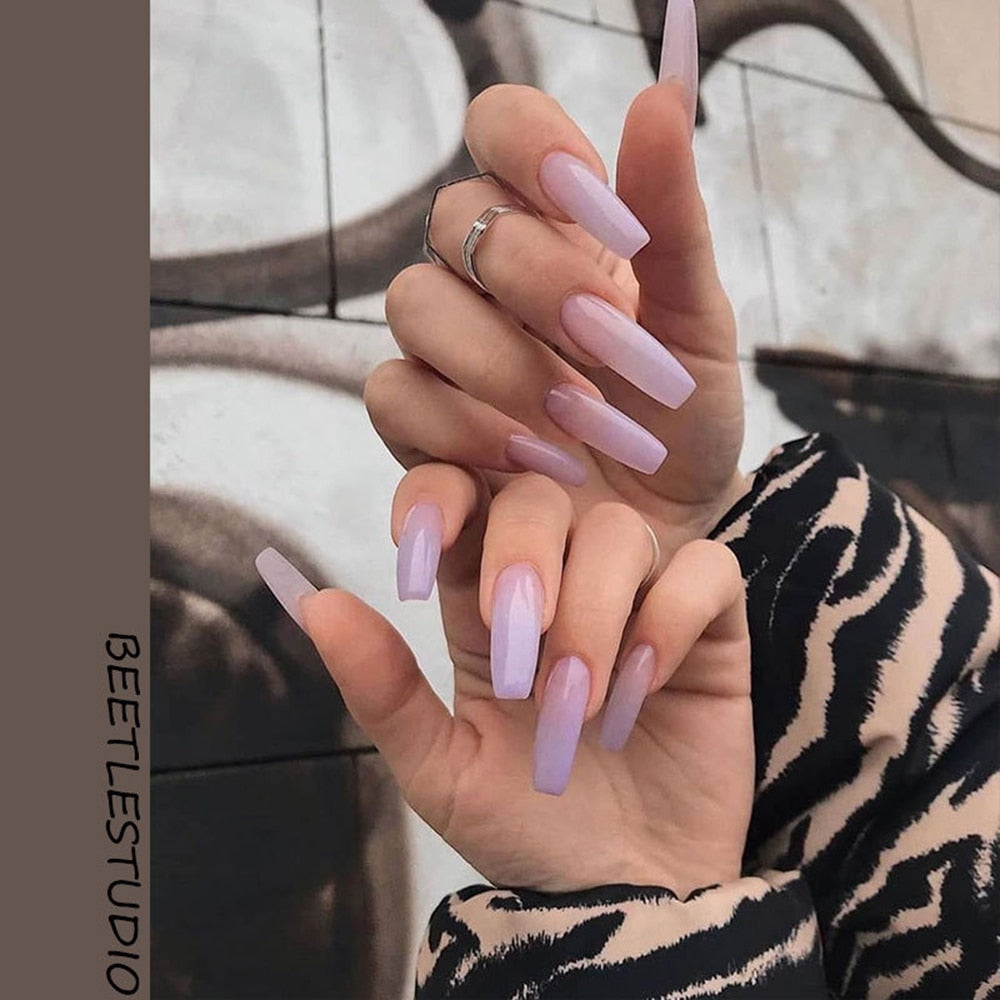 Purple Pink Ombre Rhinestone Fake Nails Coffin Ballerina Ladies Fingernails Natural Long French Gradient Press On False Nails