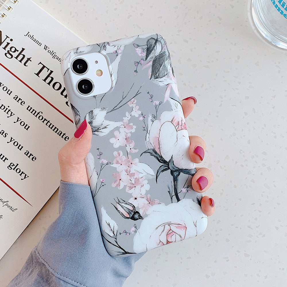 Retro Flower Phone Case With Holder For iPhone 12 11 13 Pro Max XR XS Max 7 8 Plus X Soft IMD Matte Full Body Phone Back Cover