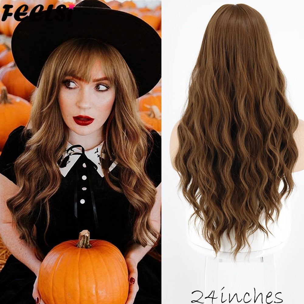 Synthetic Pure Red Black Orange Wig Long Water Wave Halloween Cosplay Wigs Synthetic Wig High Temperature Fiber