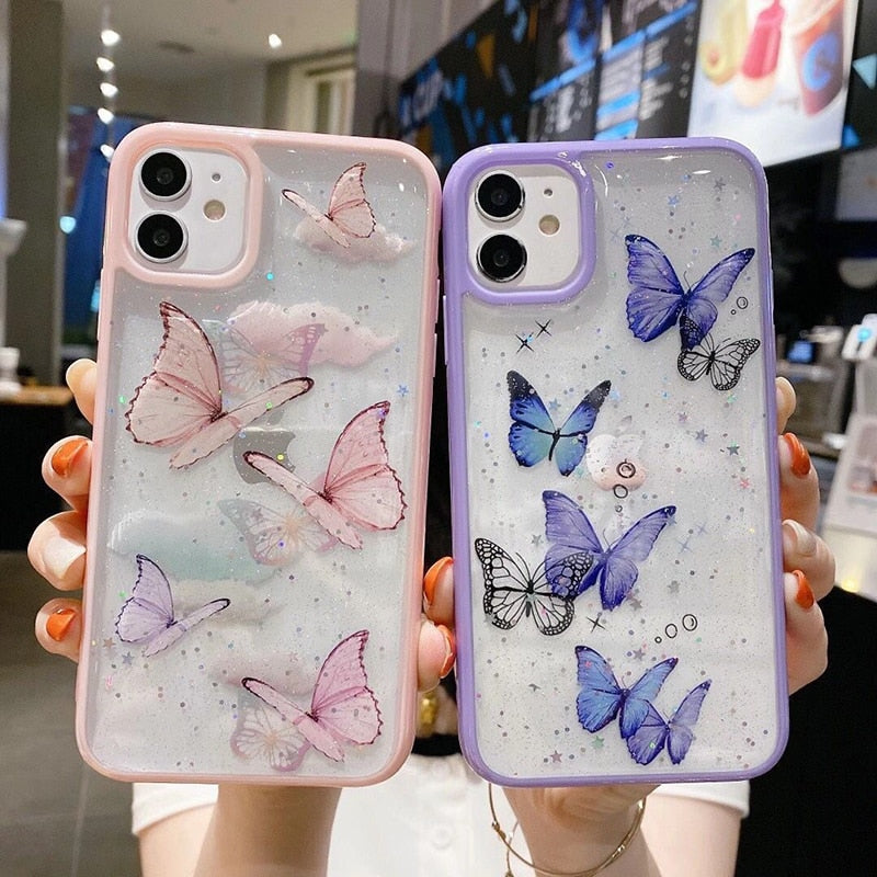 Phone Case For iPhone 12 11 Pro Max X XR XS 6S 7 8 Plus 12 mini Luxury Glitter Bling Star Butterfly Candy Color Clear Soft Case