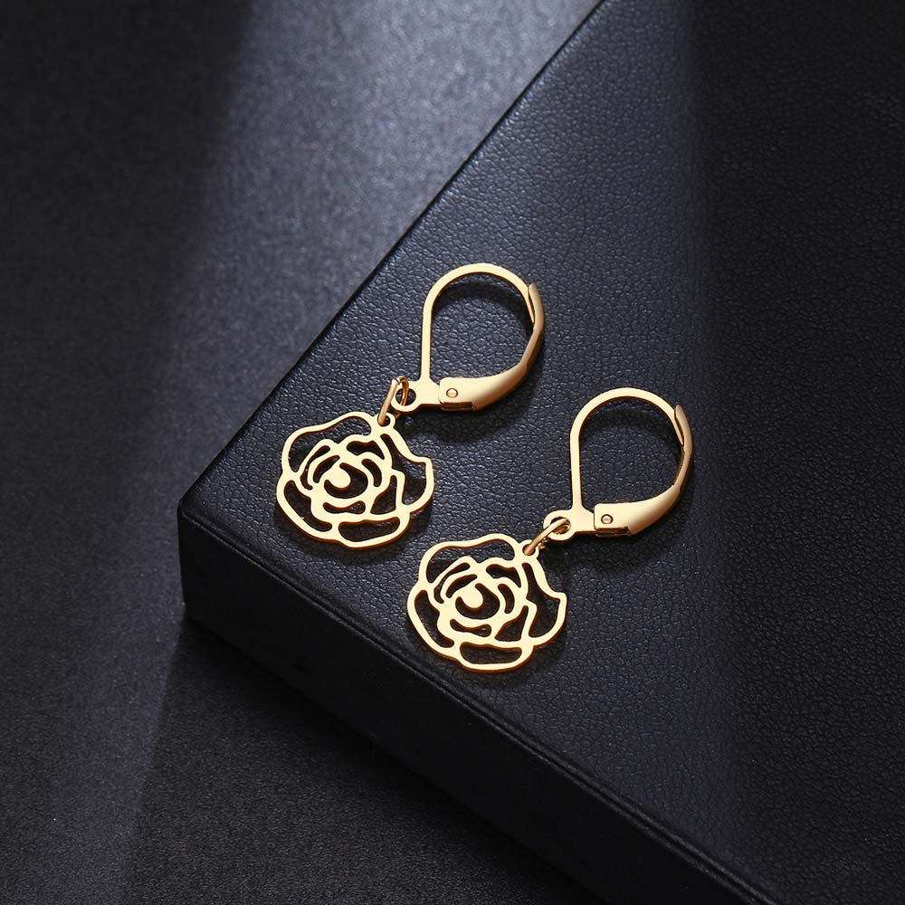 Rose Flower Chic style Gold Earrings Dangle Stainless Steel Temperament Earring Jewelry