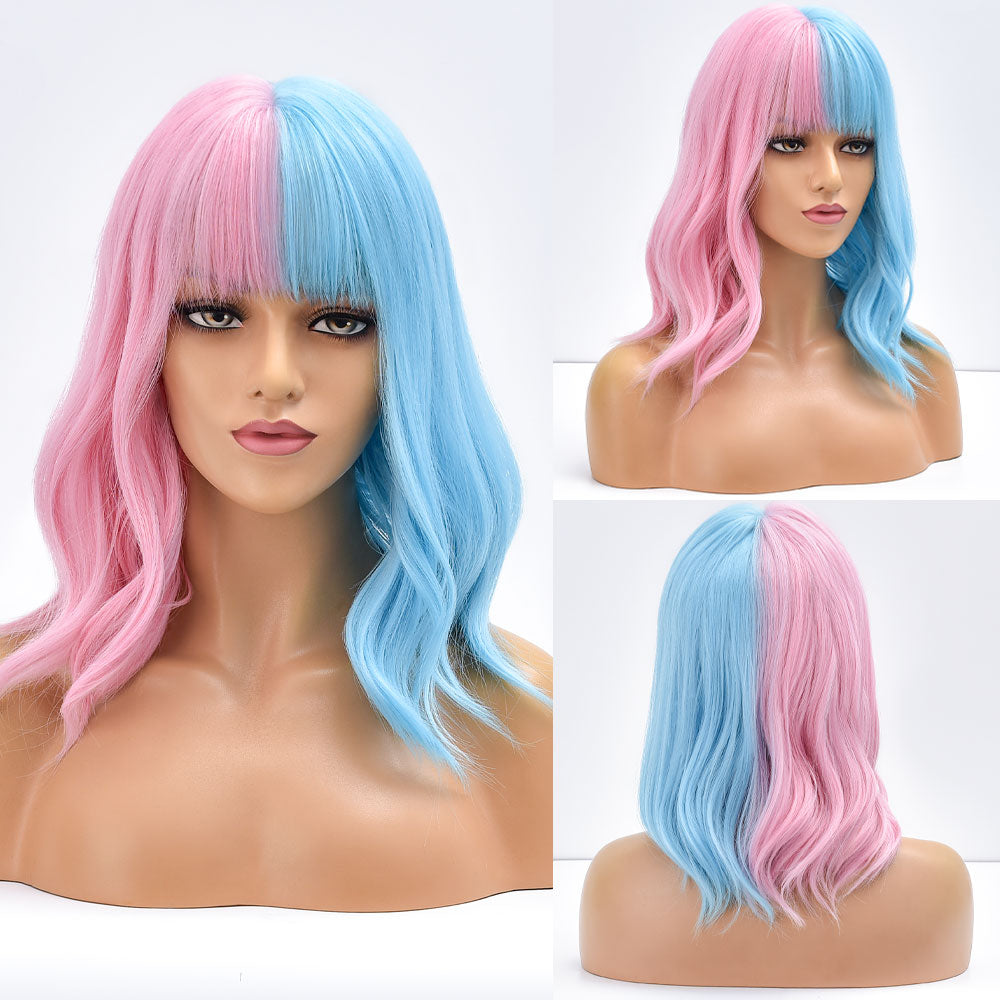 Short Bob Synthetic Wig Ombre Pink Water Wave Hair Wigs With Bangs Cosplay Lolita Heat Resistant Natural Hair