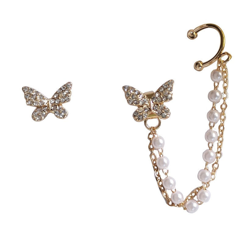 Elegant Cute Rhinestone Butterfly Stud Earrings For Women Girls Metal Chain Boucle Gifts