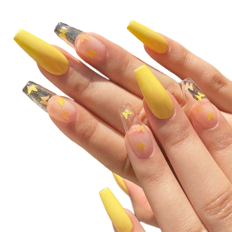 24Pcs/Box Long French False Nail Ballerina Fake Nails Yellow Butterfly Pattern Square Decal False Nails Press On Nail Tips