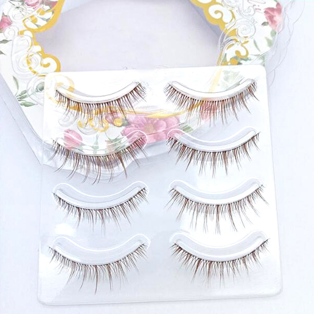 Brown 3D Eyelash Thick Crisscross False Eyelashes Natural Fibers Fake Eye Lashes Handmade Transparent Stem Eyelashes 4Pairs