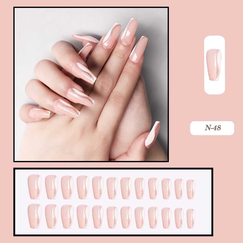 24pcs False Nails Nude Gradient Nail Patch Rhinestone Inlaid Press On Nails Removable Long Manicure nail tips