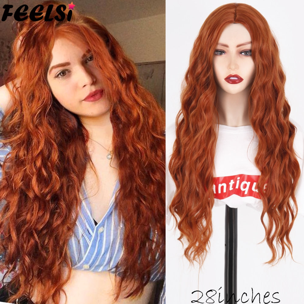 Synthetic Pure Red Black Orange Wig Long Water Wave Halloween Cosplay Wigs Synthetic Wig High Temperature Fiber