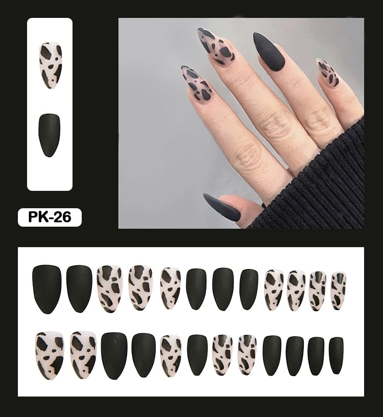 24Pcs Personality Painted Animal Pattern Cow Pattern Leopard Printed Wearable False Nails Fake Nails With Glue And Wearing Tools