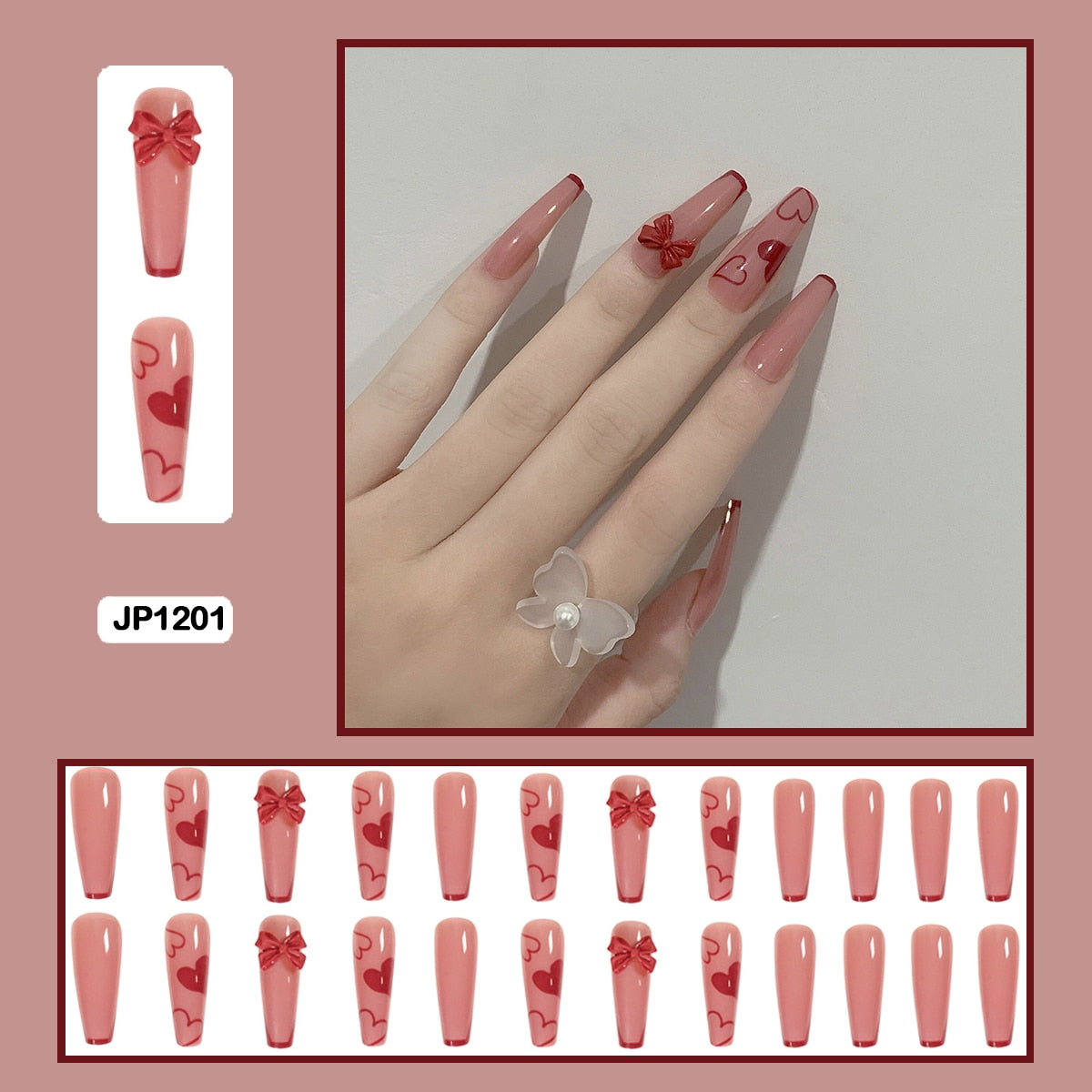 3D bow flowers sweet heart shaped long trapezoidal wearable nail fake nails