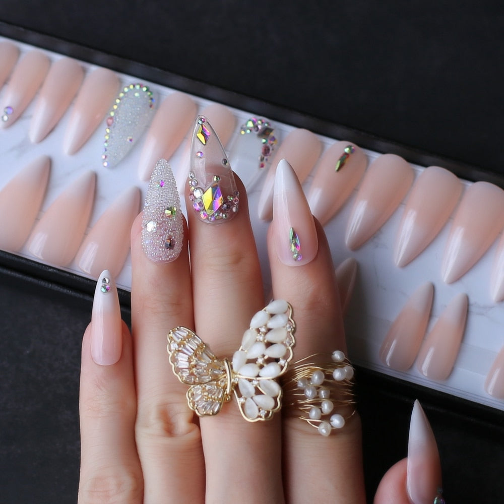 Stiletto Jelly ombre nude fasle nails press on nail Luxury crystal nails photo design nails