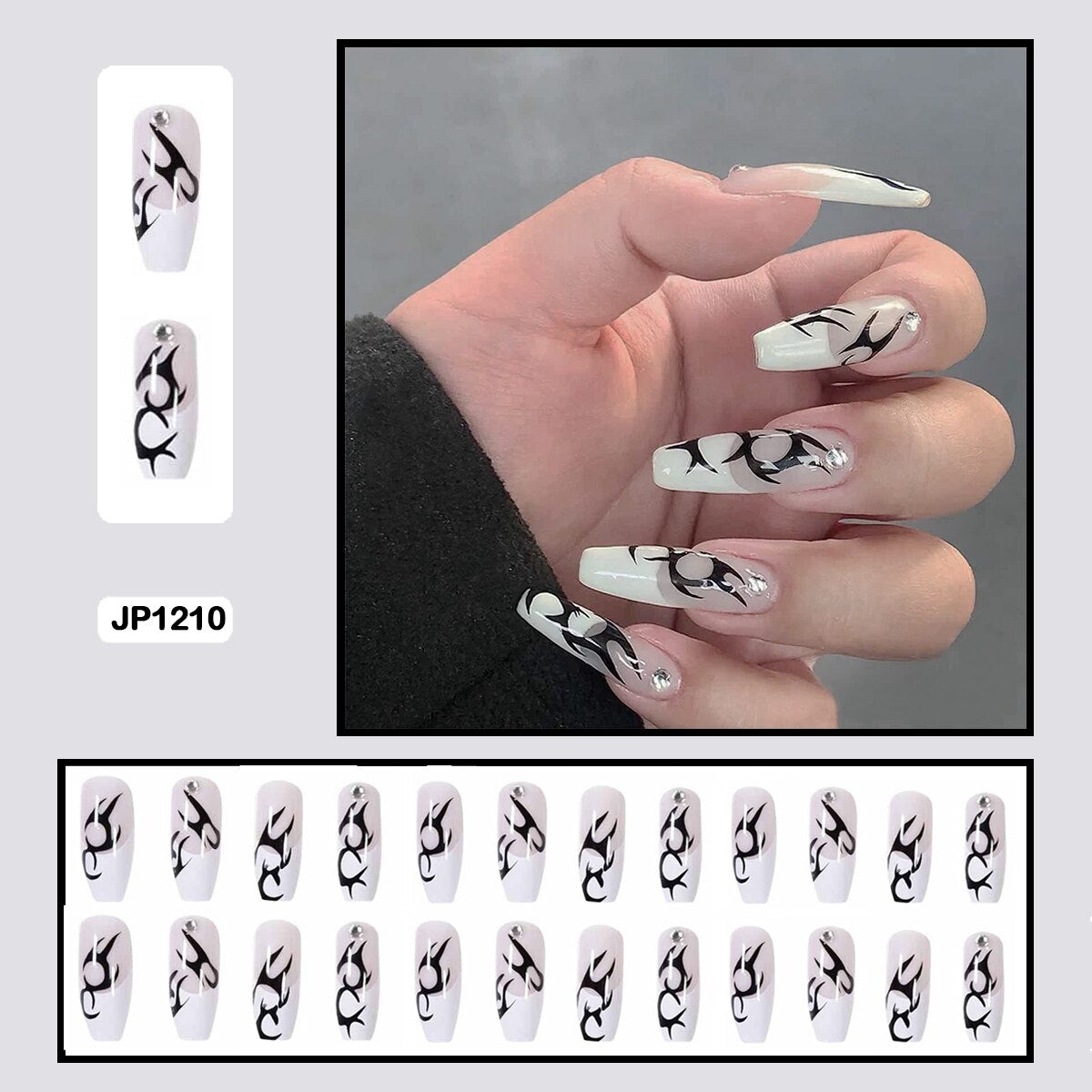 24PCS Dark Punk False Nails with Glue Gradient Long Detachable Fire Stick on Nails Skull Flame  Art DIY Fashion Manicure Tool