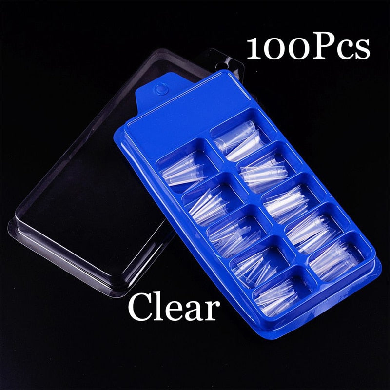 100pcs/box Clear Transparent Seamless Fake Nails Full Coverage False Nails Tips Short T-shaped Water Drop Full Sticker For Nails