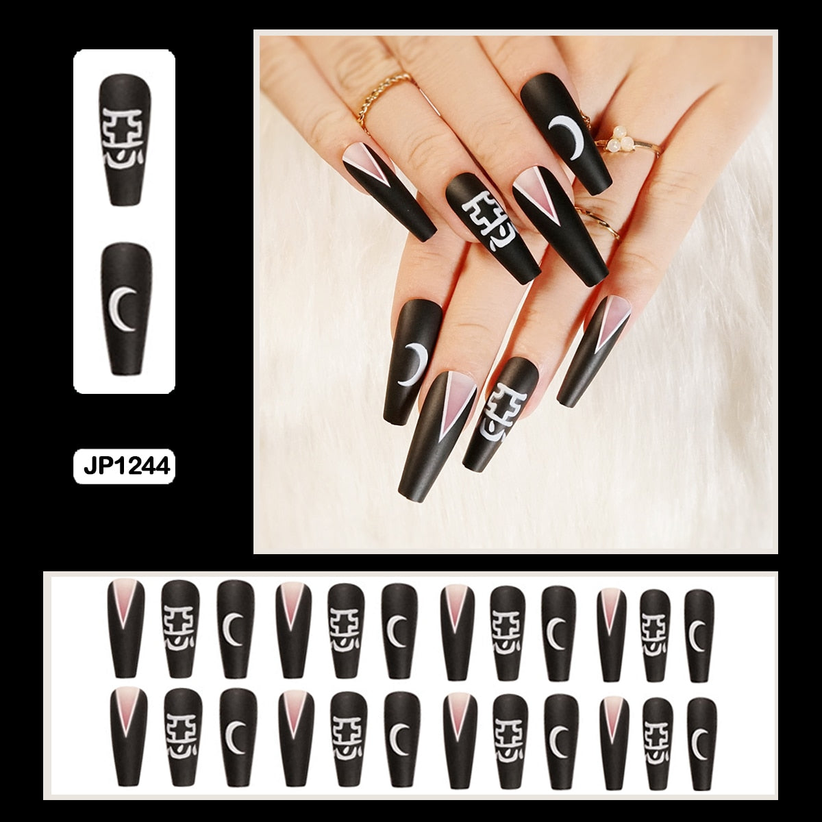 24PCS Dark Punk False Nails with Glue Gradient Long Detachable Fire Stick on Nails Skull Flame  Art DIY Fashion Manicure Tool