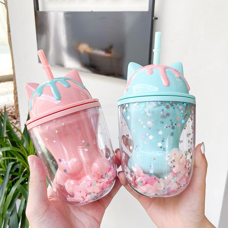 Water bottle cute cat paw plastic cup cute cartoon ins photo posing creative straw cup gift office school home