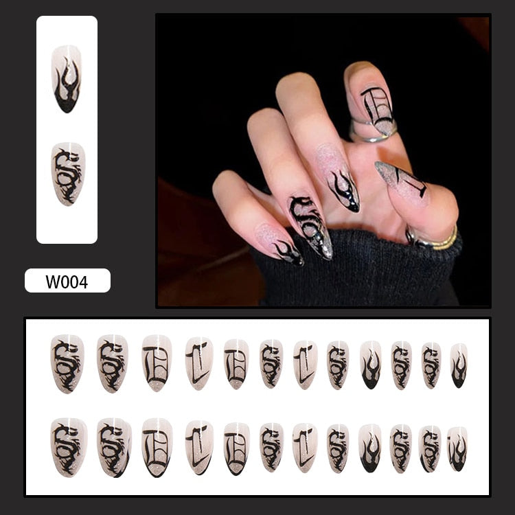 24PCS Dark Punk False Nails with Glue Gradient Long Detachable Fire Stick on Nails Skull Flame  Art DIY Fashion Manicure Tool