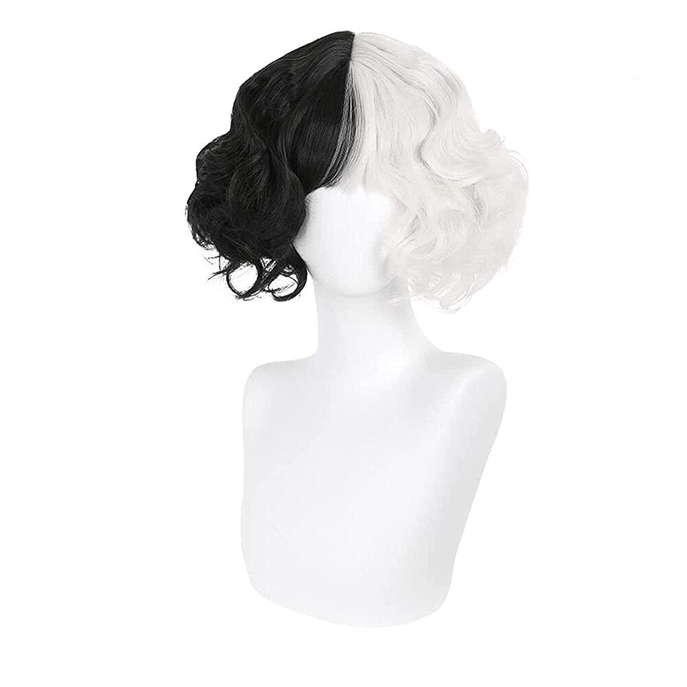 Cruella De Vil Kuila Half Black Half White Short Curly Hair Bangs Bob Cosplay Halloween Costume Synthetic Ladies Wig