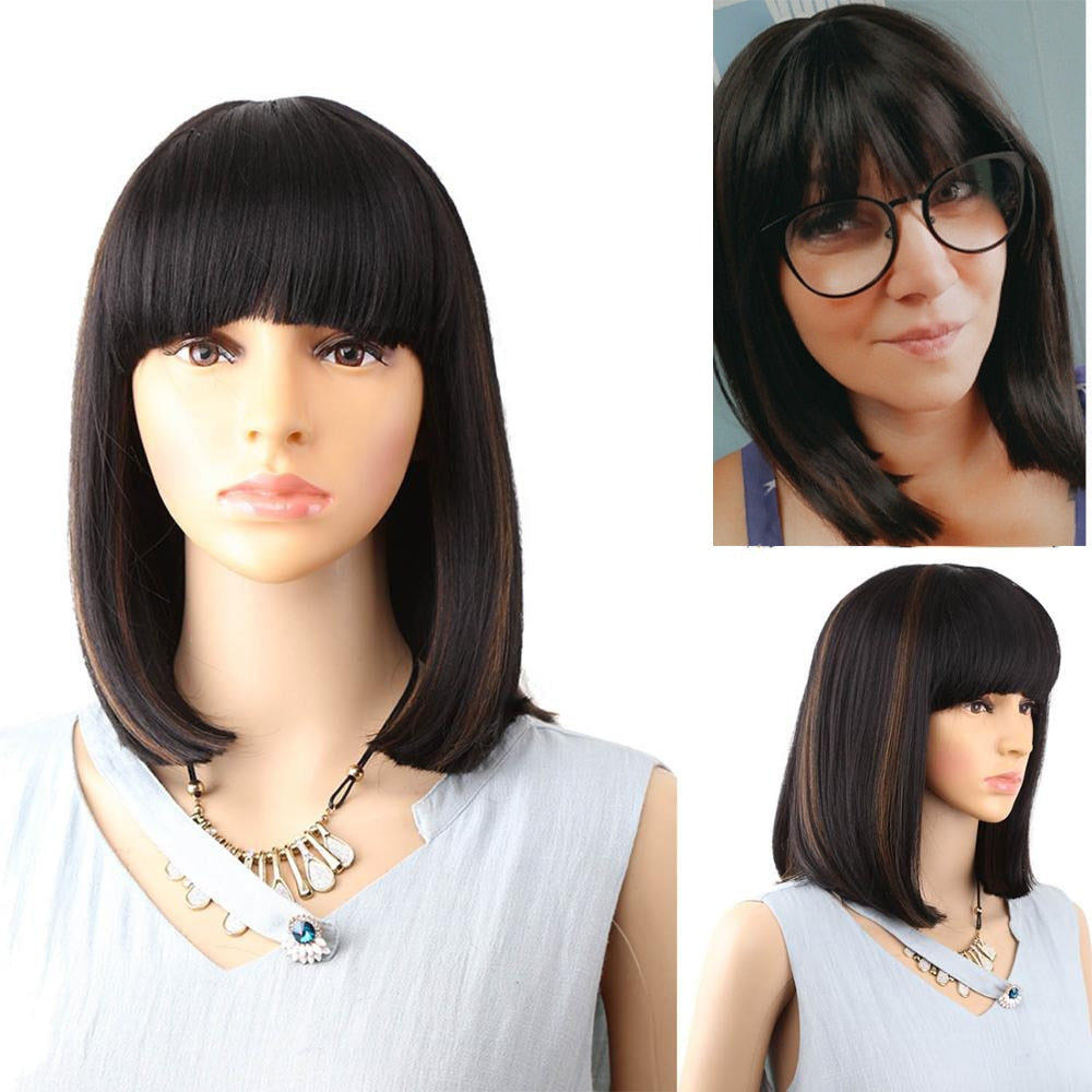 Amir Straight Black Synthetic Wigs With Bangs For Women Medium Length Hair Bob Wig Heat Resistant bobo Hairstyle Curly wigs