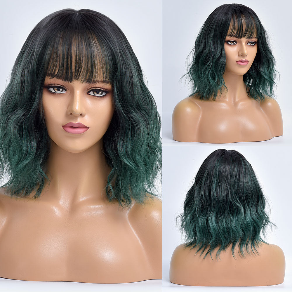 Short Bob Synthetic Wig Ombre Pink Water Wave Hair Wigs With Bangs Cosplay Lolita Heat Resistant Natural Hair