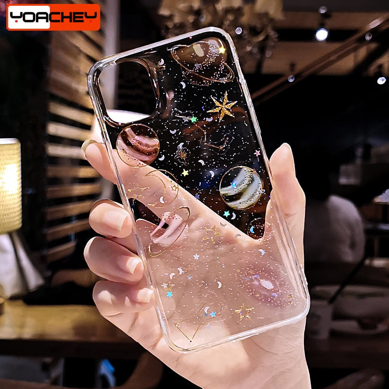 Bling Glitter Planet Case for iPhone 11 Pro XS Max XR X 6 6S 7 8 Plus SE 2020 Soft Silicone Cover Universe Moon Stars Phone Case