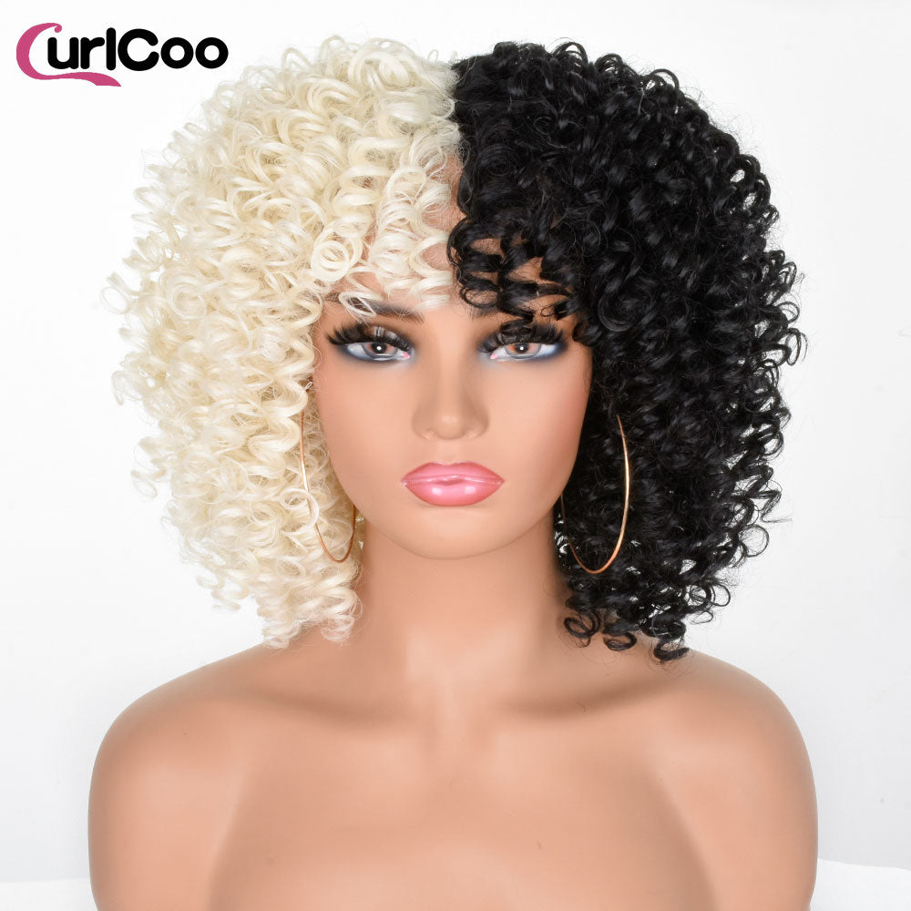 Short Afro Kinky Curly Wigs With Bangs For Women Synthetic Ombre Natural Heat Resistant Hair Brown Cosplay Highlight Wigs