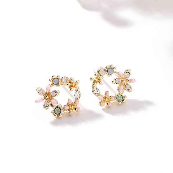 Korean New Colorful Rhinestone Wreath Stud Earrings For Women Sweet Flower Shell Small Cirlce Brincos Gift