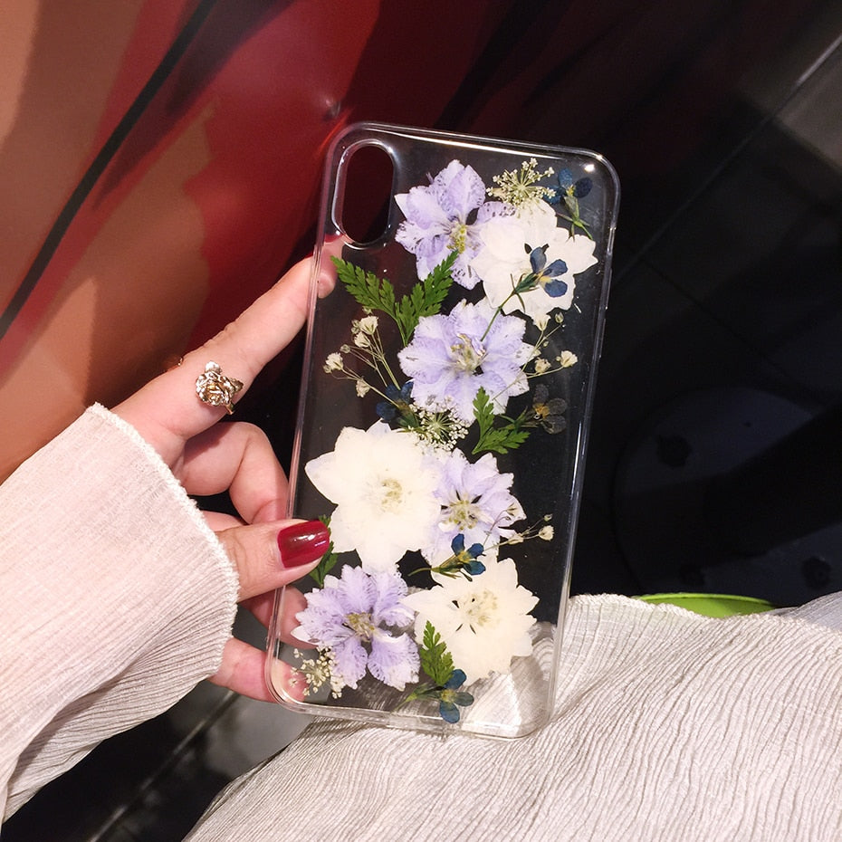 Real Pressed Dried Flowers Phone Case For iPhone X XS Max XR 7 8 Plus 13 12 11 Pro Max SE Case Soft Clear Floral Cover