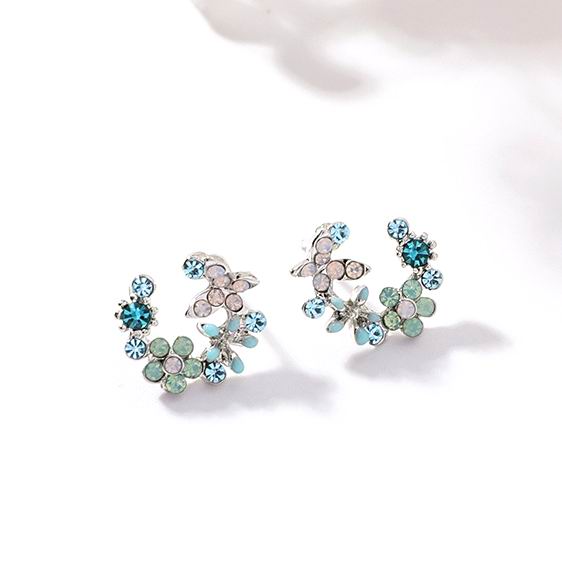 Korean New Colorful Rhinestone Wreath Stud Earrings For Women Sweet Flower Shell Small Cirlce Brincos Gift