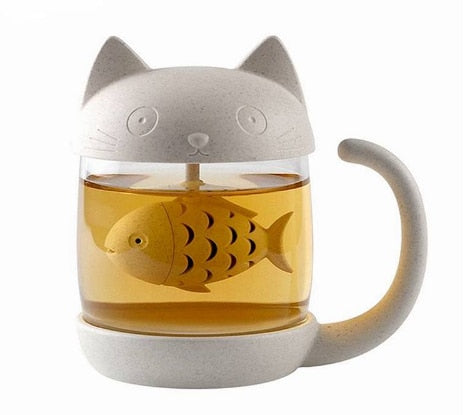 Cat Glass Tea Mug Cup with Fish Tea Infuser Strainer Filter 250ML (White)(Pink)