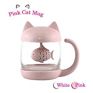 Cat Glass Tea Mug Cup with Fish Tea Infuser Strainer Filter 250ML (White)(Pink)