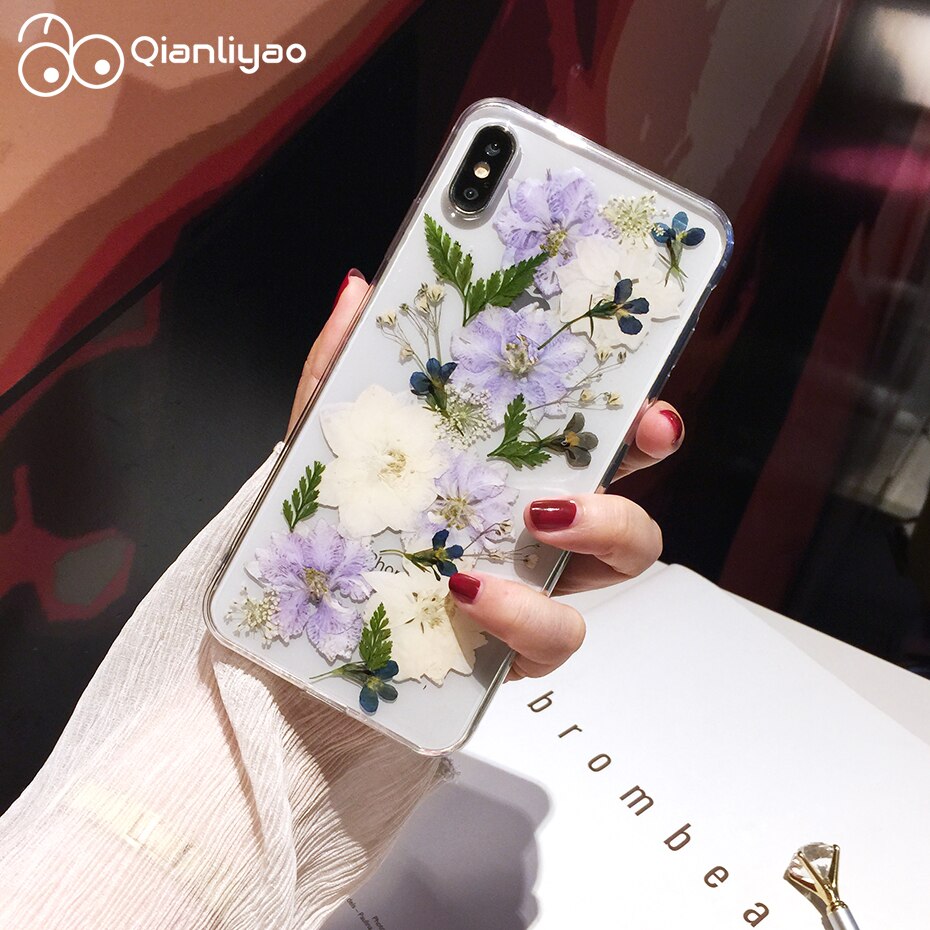 Real Pressed Dried Flowers Phone Case For iPhone X XS Max XR 7 8 Plus 13 12 11 Pro Max SE Case Soft Clear Floral Cover