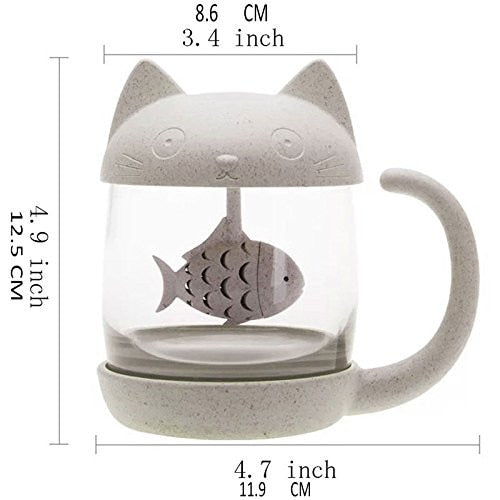 Cat Glass Tea Mug Cup with Fish Tea Infuser Strainer Filter 250ML (White)(Pink)