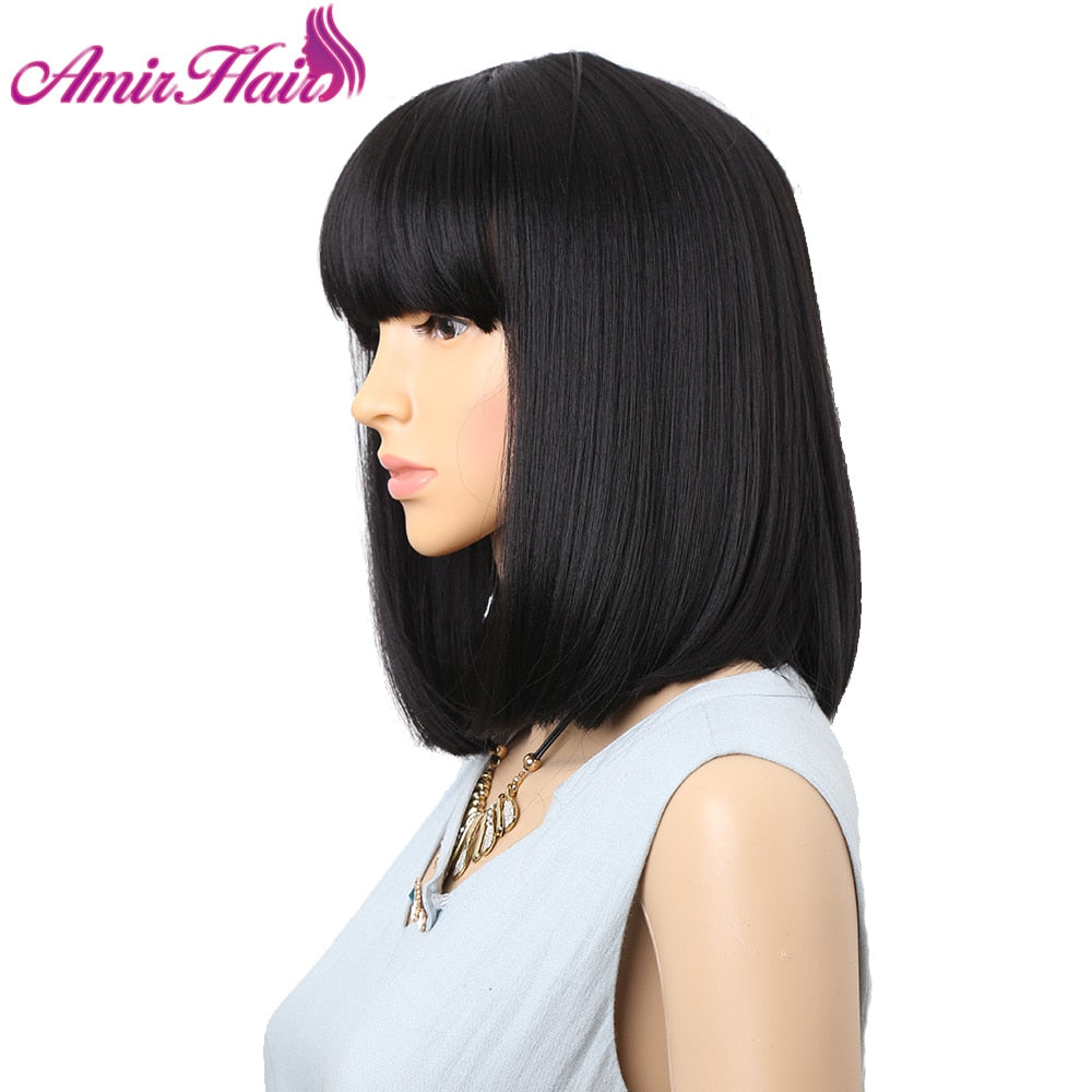 Amir Straight Black Synthetic Wigs With Bangs For Women Medium Length Hair Bob Wig Heat Resistant bobo Hairstyle Curly wigs