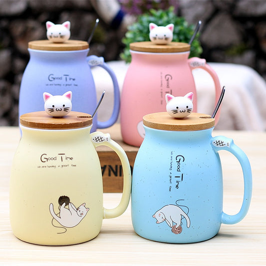 450ml Cartoon Ceramics Cat Mug With Lid and Spoon Coffee Milk Tea Mugs Breakfast Cup Drinkware Gifts