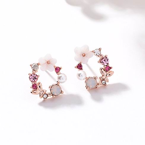 Korean New Colorful Rhinestone Wreath Stud Earrings For Women Sweet Flower Shell Small Cirlce Brincos Gift