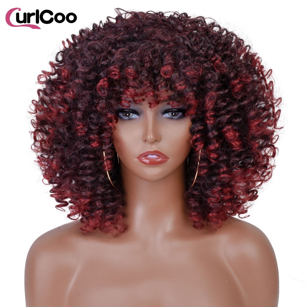 Short Afro Kinky Curly Wigs With Bangs For Women Synthetic Ombre Natural Heat Resistant Hair Brown Cosplay Highlight Wigs