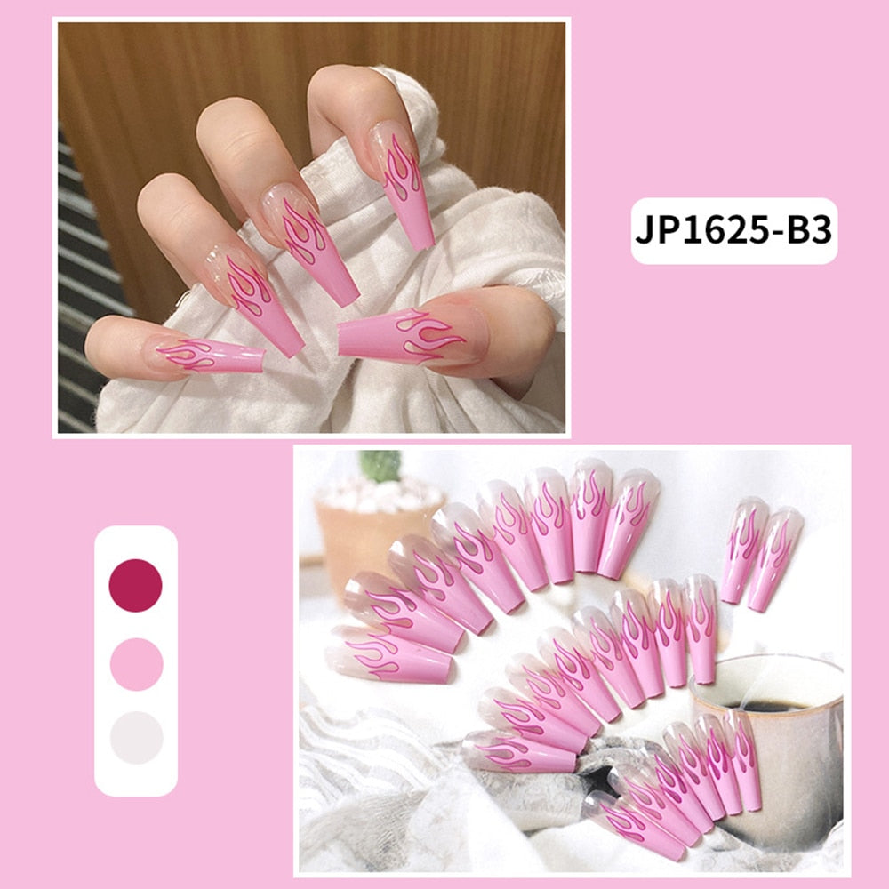 24Pcs/Box False Nails with Pink Flame Designs Press on Nails Long Coffin Ballerina Fake Nails Artificial Nail Art Tips with Glue