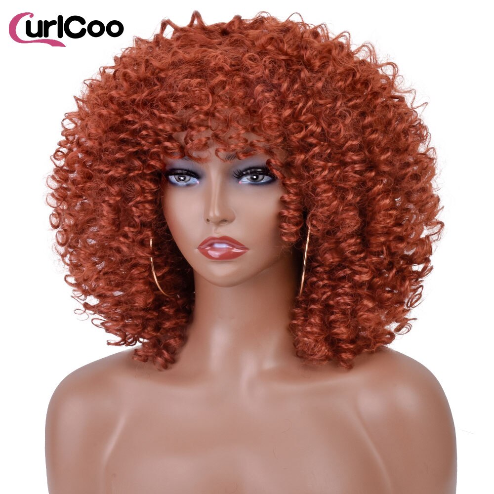 Short Afro Kinky Curly Wigs With Bangs For Women Synthetic Ombre Natural Heat Resistant Hair Brown Cosplay Highlight Wigs