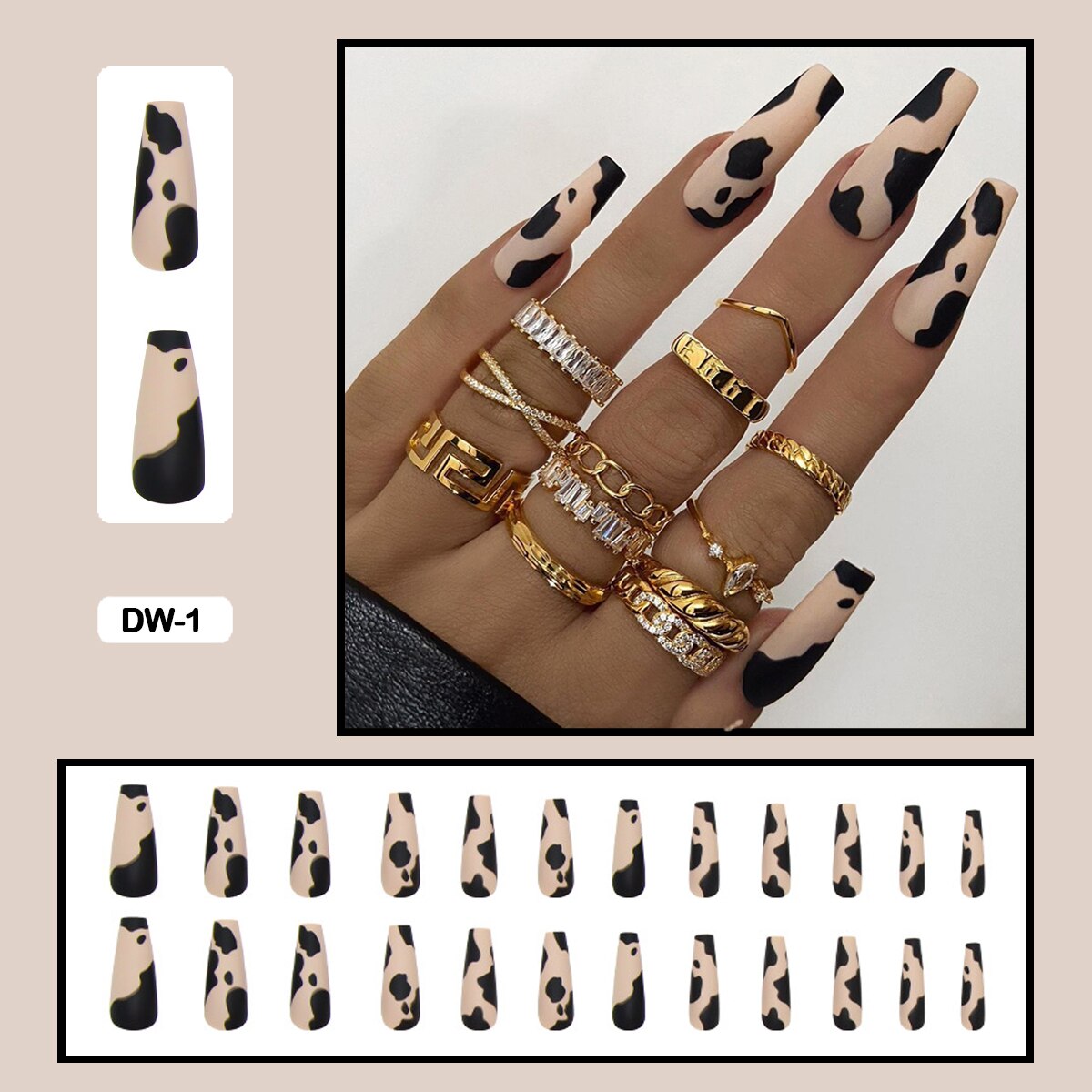 24Pcs Personality Painted Animal Pattern Cow Pattern Leopard Printed Wearable False Nails Fake Nails With Glue And Wearing Tools