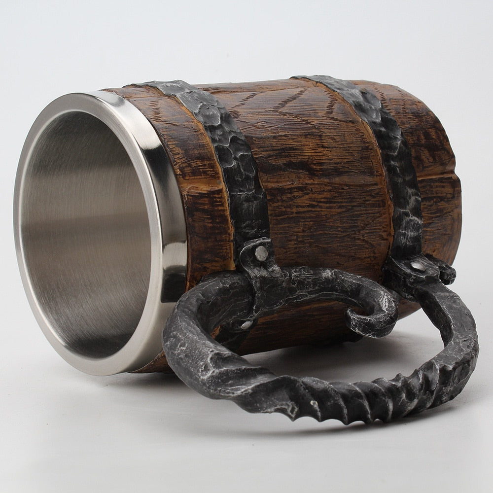 Wooden Barrel Stainless Steel Resin 3D Beer Mug Goblet Game Tankard Coffee Cup Wine Glass Mugs 650ml