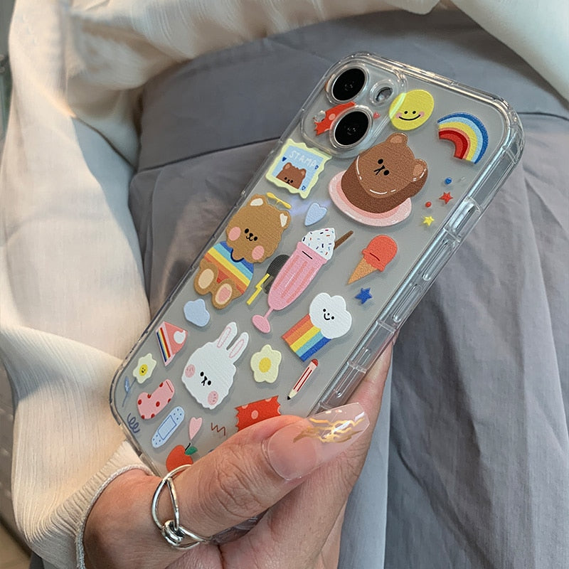 Shockproof Cute Rabbit Bear Phone Case For iPhone 13 12 11 Pro X XS Max XR Clear Cartoon Cover For iPhone 7 8 Plus Soft TPU Case